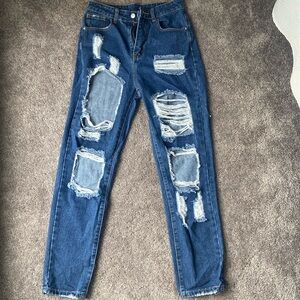 Ripped Straight Leg Blue Jeans